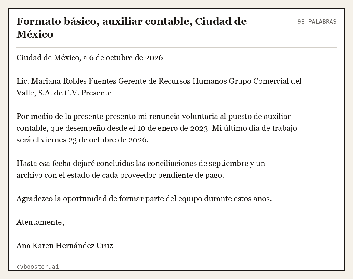Ejemplo completo: Formato básico, auxiliar contable, Ciudad de México, 98 palabras