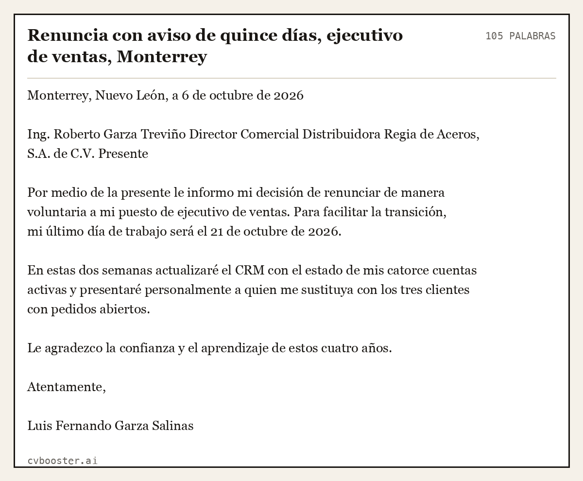 Ejemplo completo: Renuncia con aviso de quince días, ejecutivo de ventas, Monterrey, 105 palabras