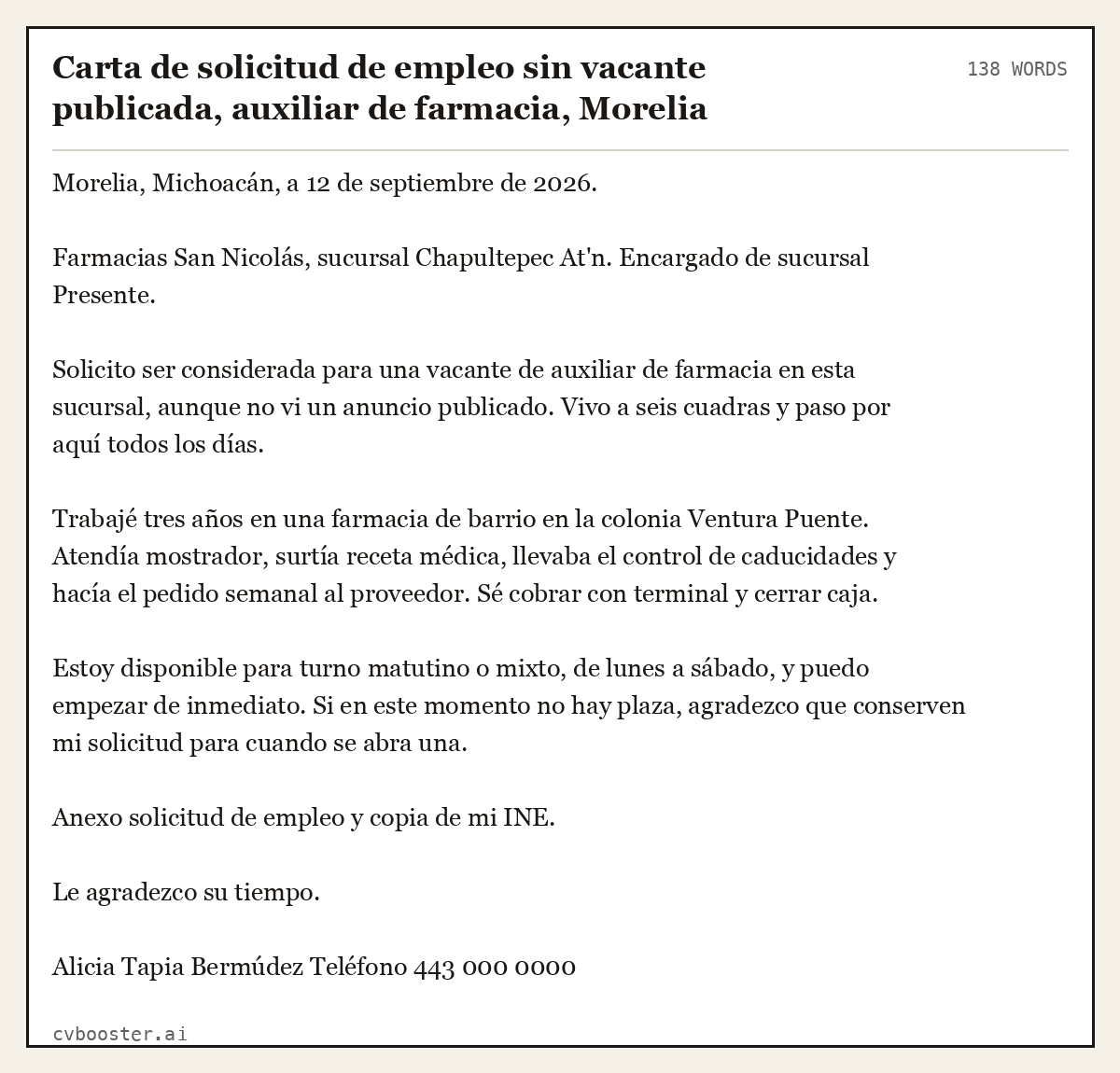 Ejemplo completo: Carta de solicitud de empleo sin vacante publicada, auxiliar de farmacia, Morelia, 138 palabras