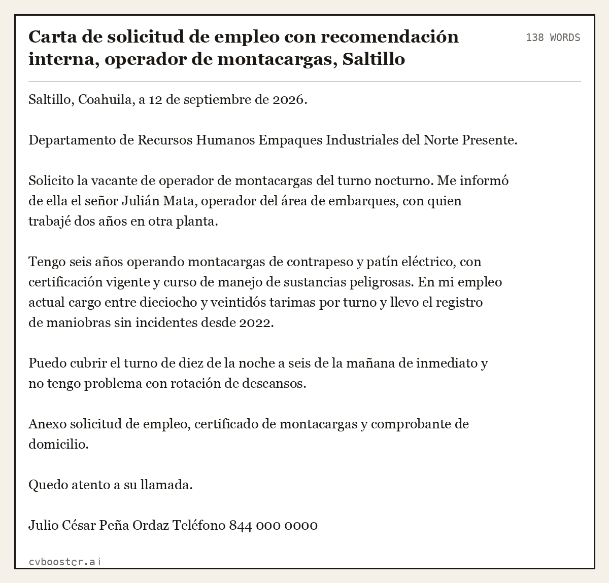Ejemplo completo: Carta de solicitud de empleo con recomendación interna, operador de montacargas, Saltillo, 138 palabras
