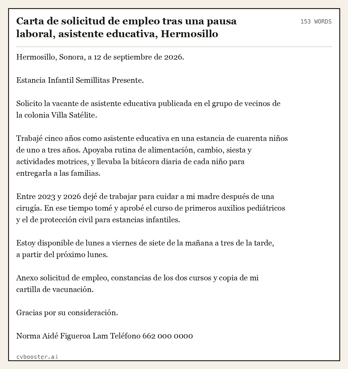 Ejemplo completo: Carta de solicitud de empleo tras una pausa laboral, asistente educativa, Hermosillo, 153 palabras