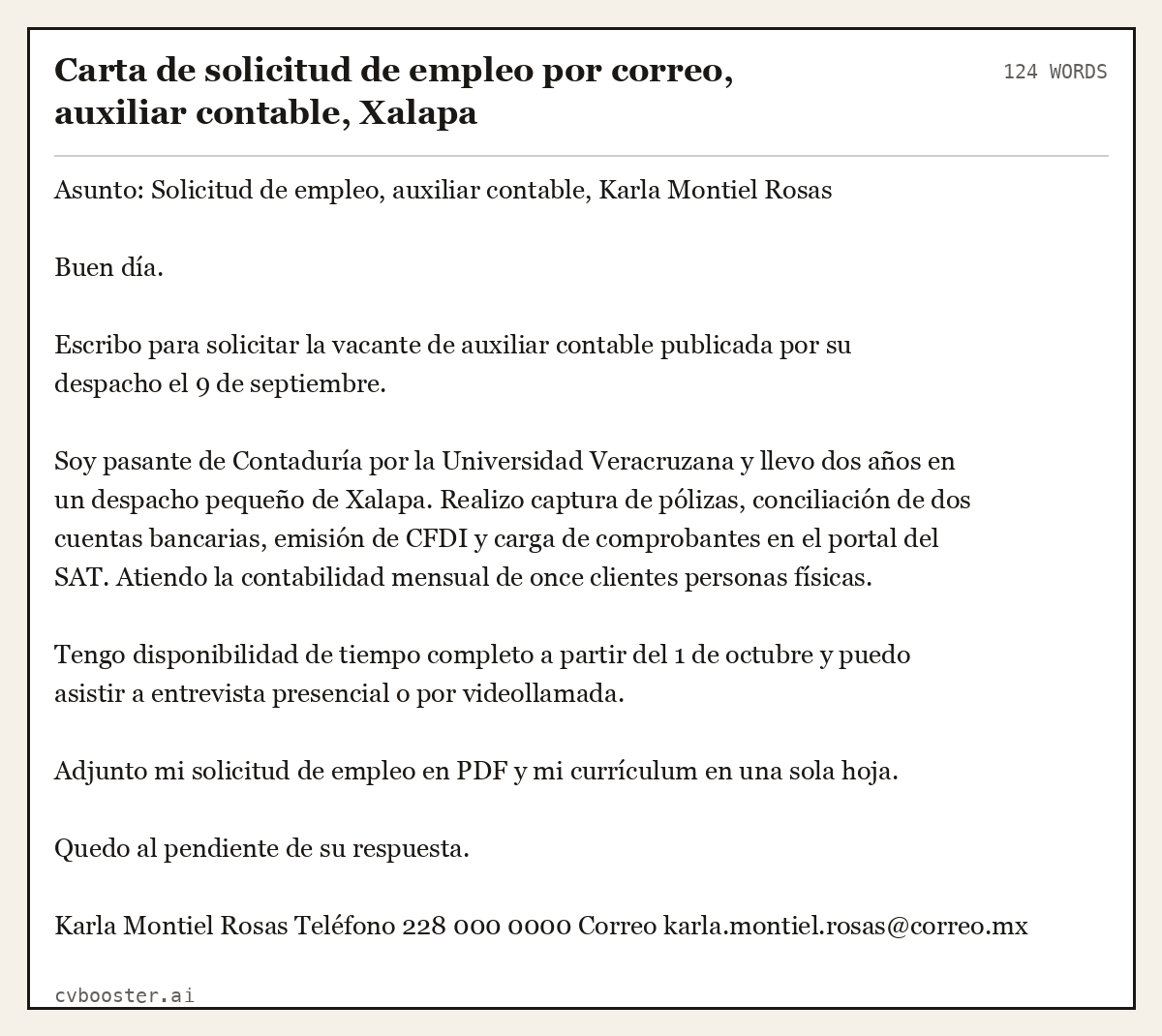 Ejemplo completo: Carta de solicitud de empleo por correo, auxiliar contable, Xalapa, 124 palabras