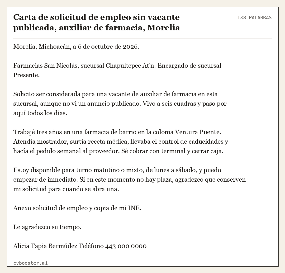 Ejemplo completo: Carta de solicitud de empleo sin vacante publicada, auxiliar de farmacia, Morelia, 138 palabras