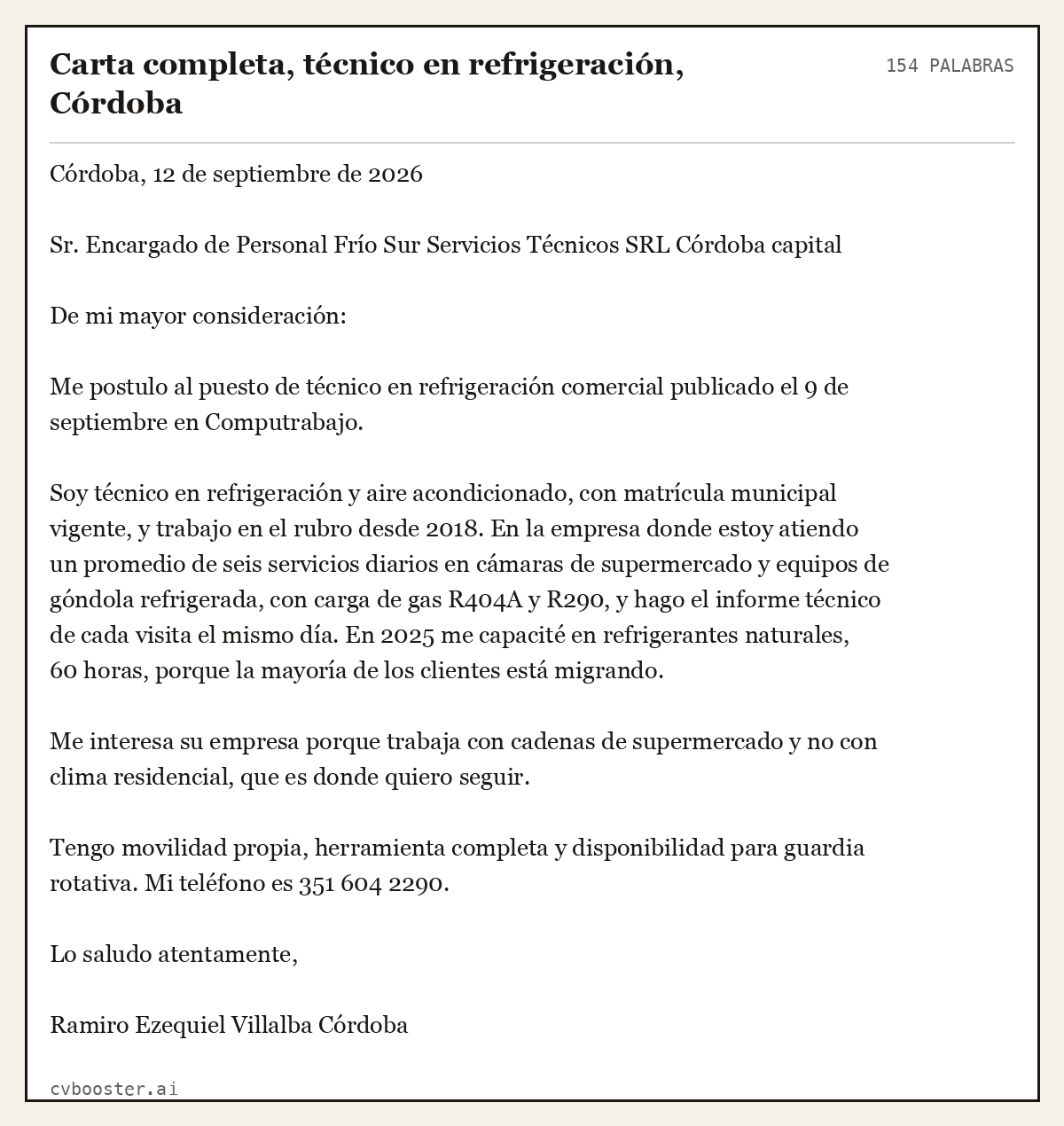 Ejemplo completo: Carta completa, técnico en refrigeración, Córdoba, 154 palabras