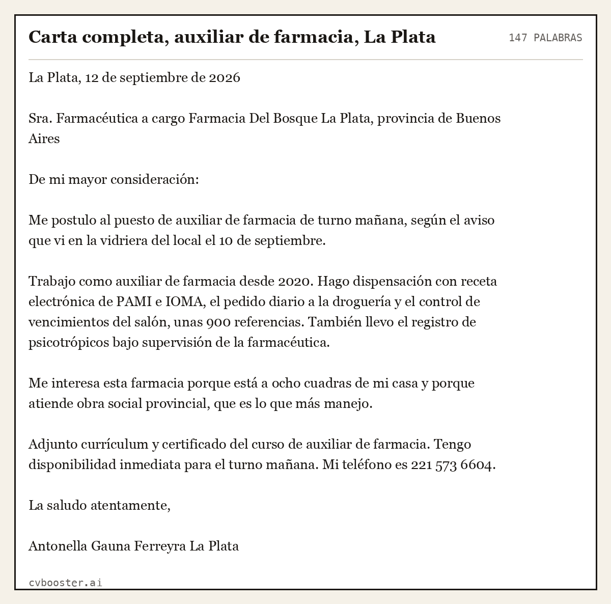 Ejemplo completo: Carta completa, auxiliar de farmacia, La Plata, 147 palabras