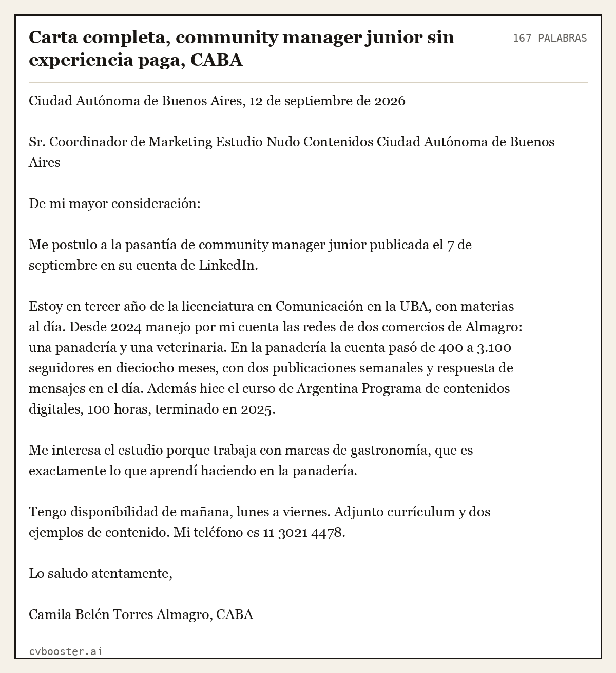 Ejemplo completo: Carta completa, community manager junior sin experiencia paga, CABA, 167 palabras
