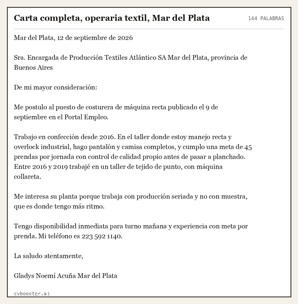 Ejemplo completo: Carta completa, operaria textil, Mar del Plata, 144 palabras
