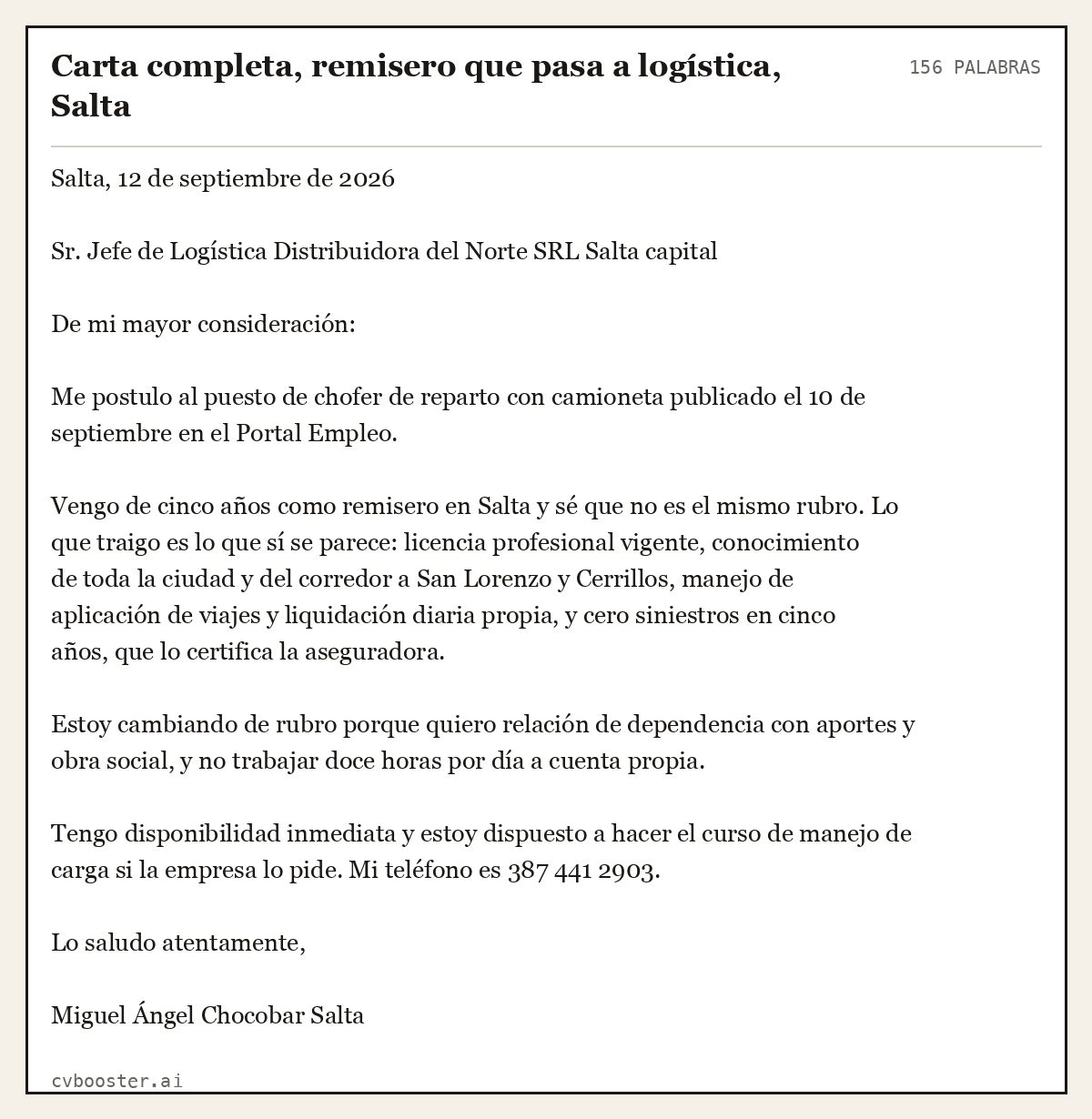 Ejemplo completo: Carta completa, remisero que pasa a logística, Salta, 156 palabras