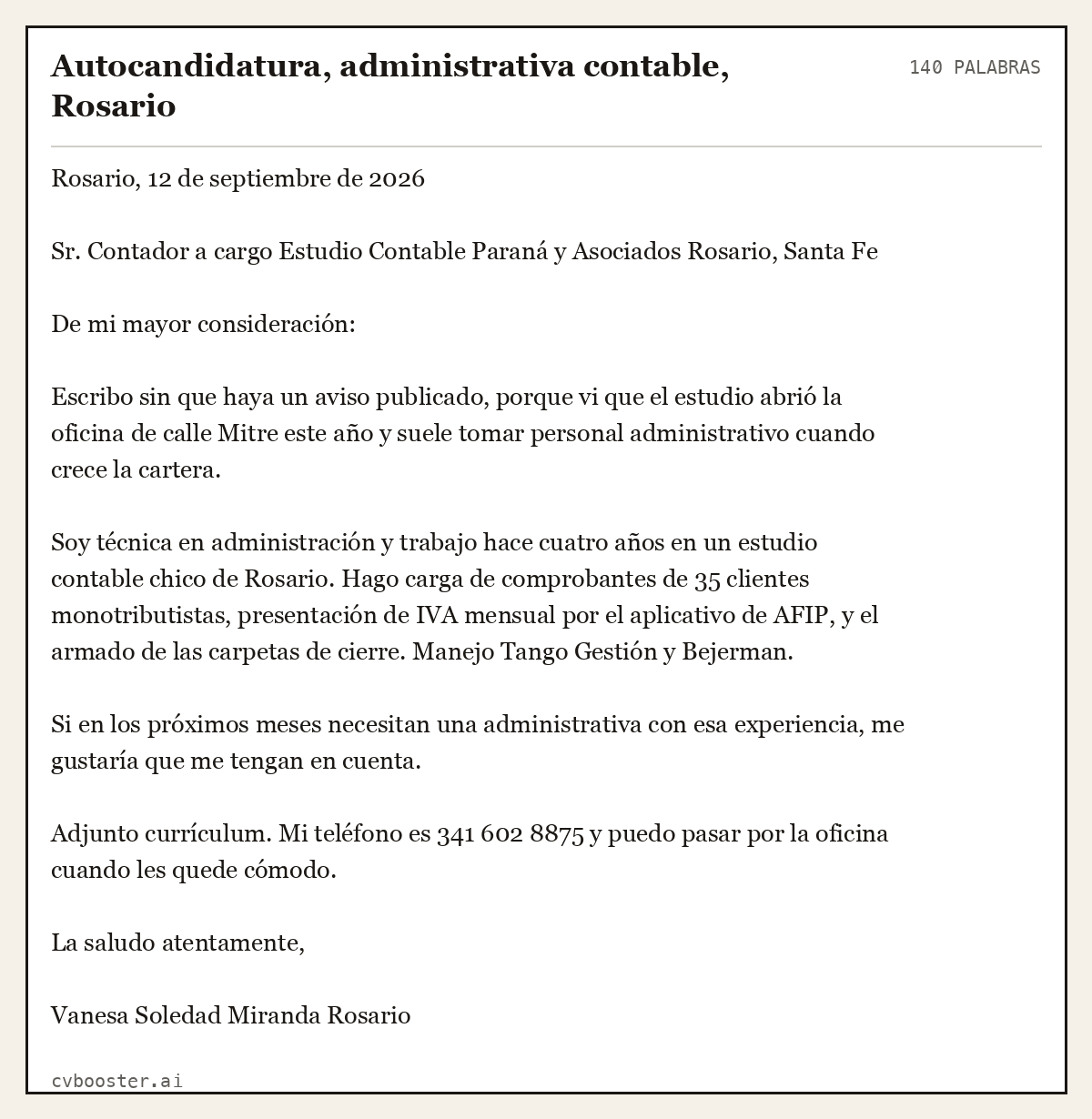 Ejemplo completo: Autocandidatura, administrativa contable, Rosario, 140 palabras