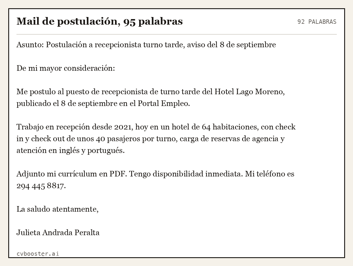 Ejemplo completo: Mail de postulación, 95 palabras, 92 palabras