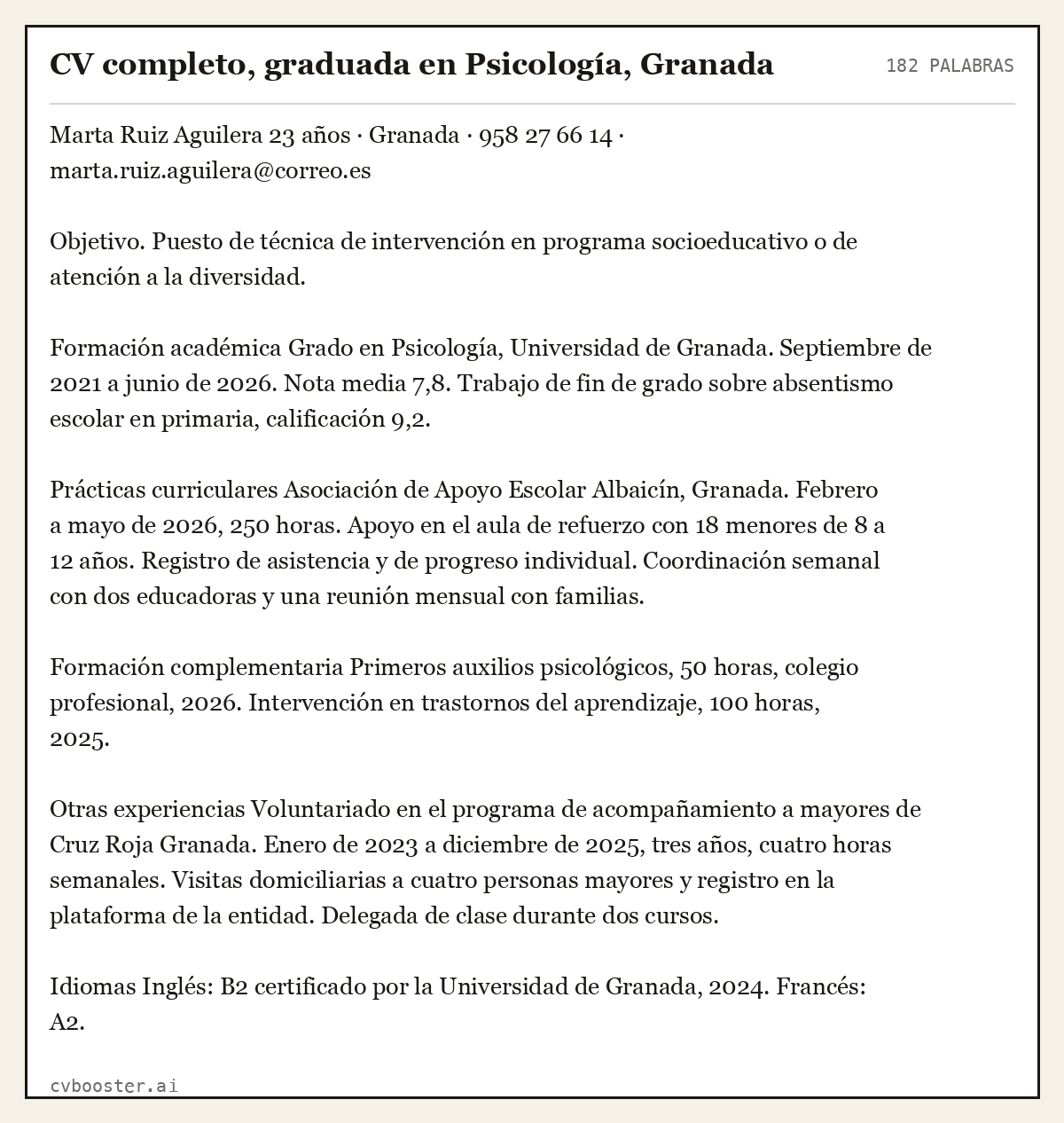 Ejemplo completo: CV completo, graduada en Psicología, Granada, 182 palabras