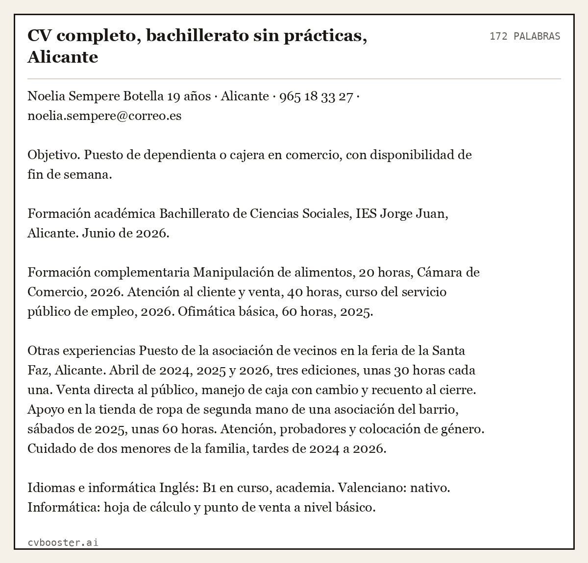 Ejemplo completo: CV completo, bachillerato sin prácticas, Alicante, 172 palabras