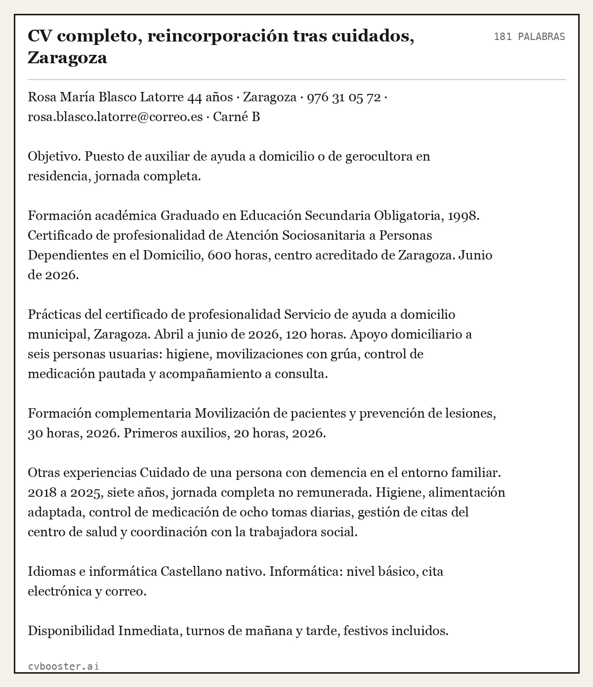 Ejemplo completo: CV completo, reincorporación tras cuidados, Zaragoza, 181 palabras