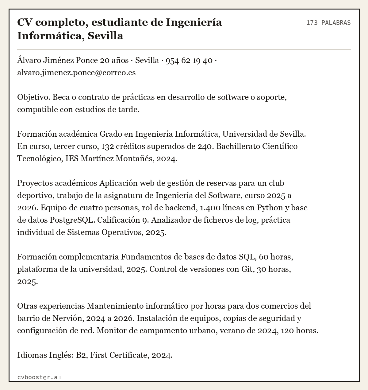 Ejemplo completo: CV completo, estudiante de Ingeniería Informática, Sevilla, 173 palabras
