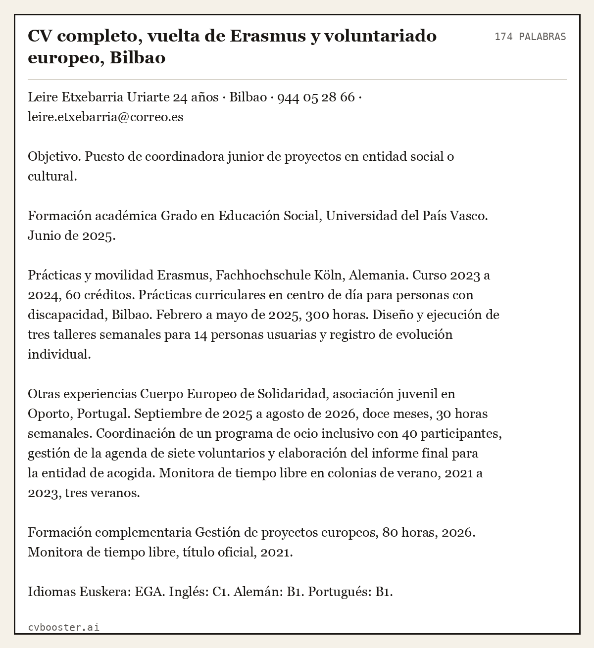 Ejemplo completo: CV completo, vuelta de Erasmus y voluntariado europeo, Bilbao, 174 palabras