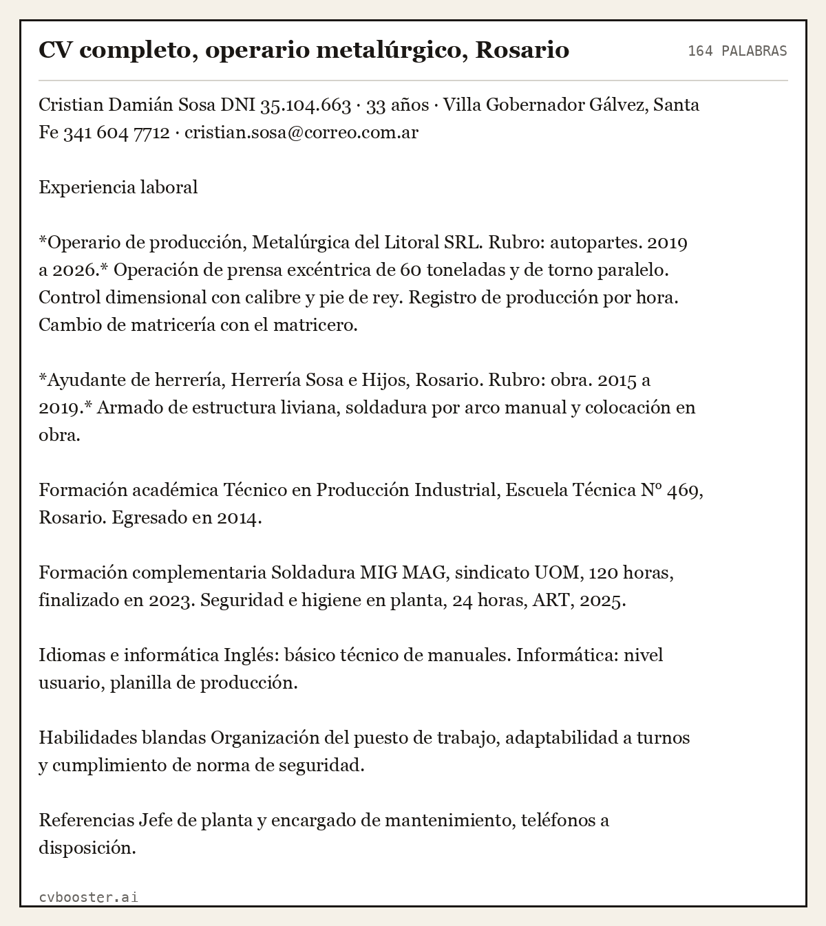 Ejemplo completo: CV completo, operario metalúrgico, Rosario, 164 palabras