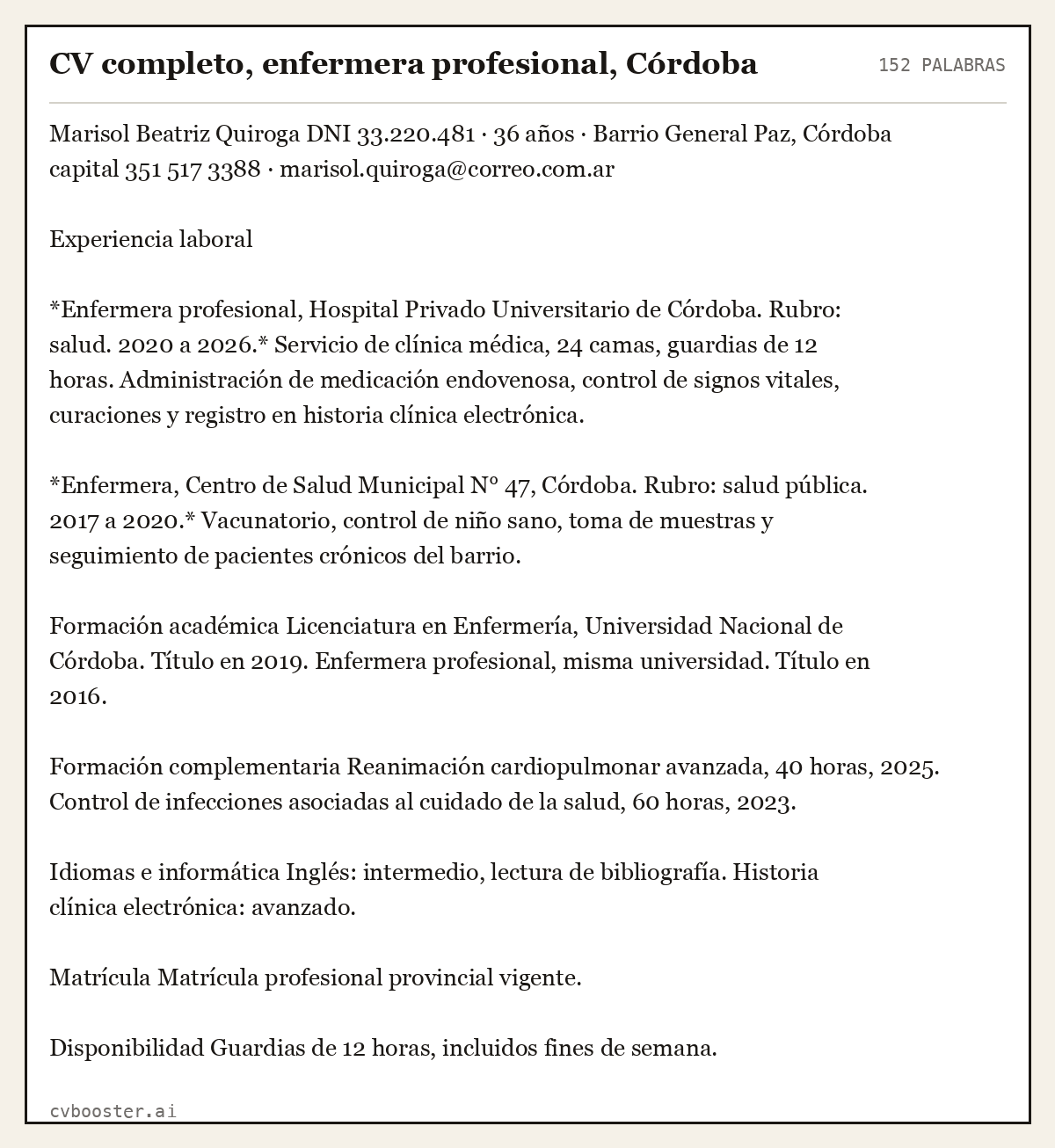 Ejemplo completo: CV completo, enfermera profesional, Córdoba, 152 palabras