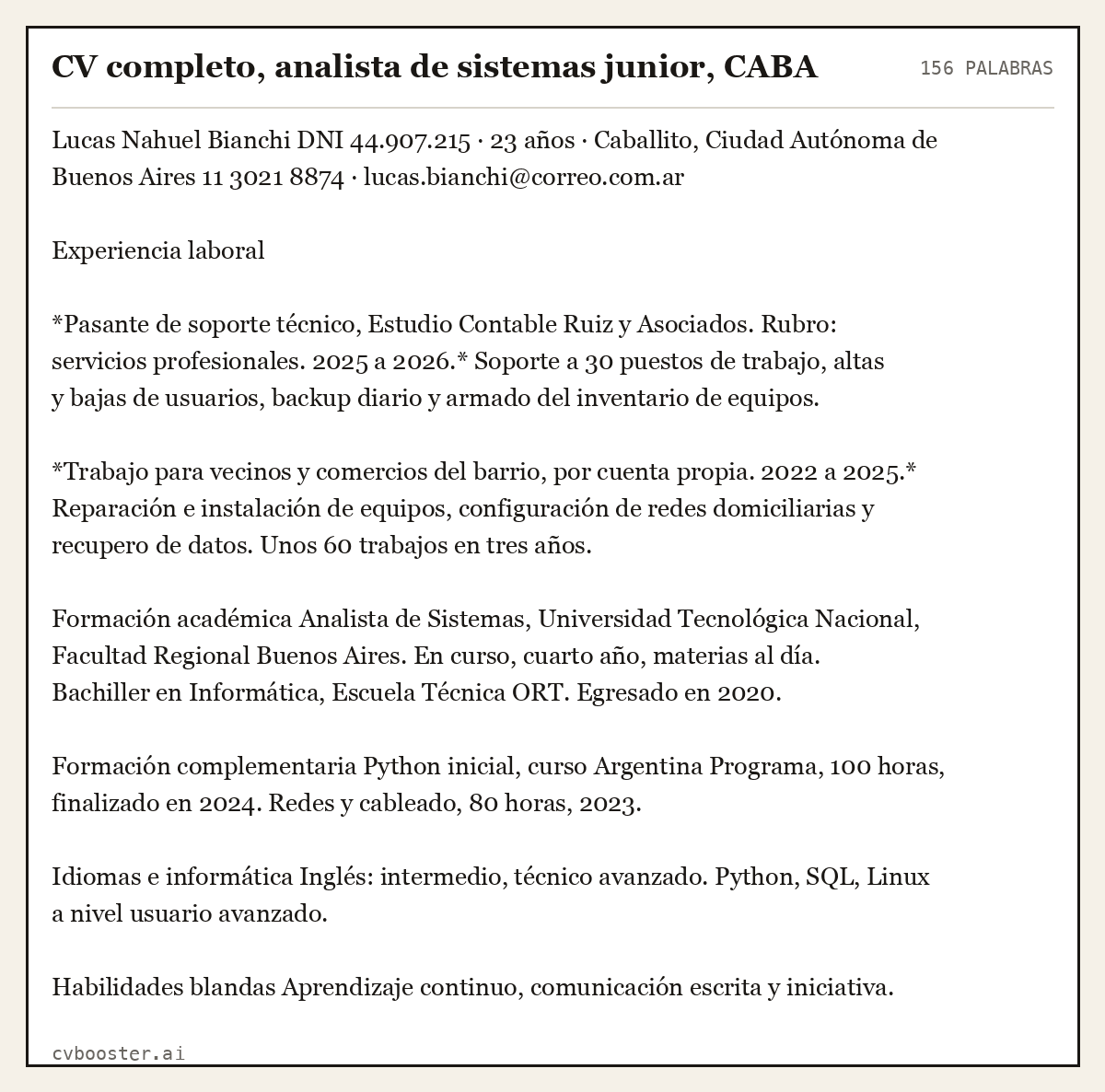 Ejemplo completo: CV completo, analista de sistemas junior, CABA, 156 palabras