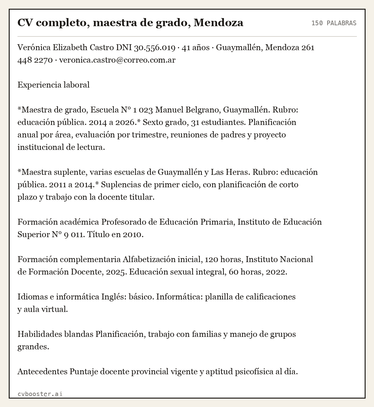 Ejemplo completo: CV completo, maestra de grado, Mendoza, 150 palabras