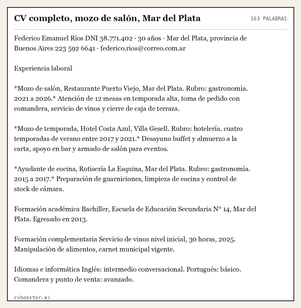 Ejemplo completo: CV completo, mozo de salón, Mar del Plata, 163 palabras