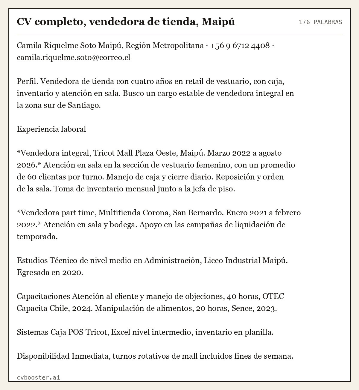 Ejemplo completo: CV completo, vendedora de tienda, Maipú, 176 palabras