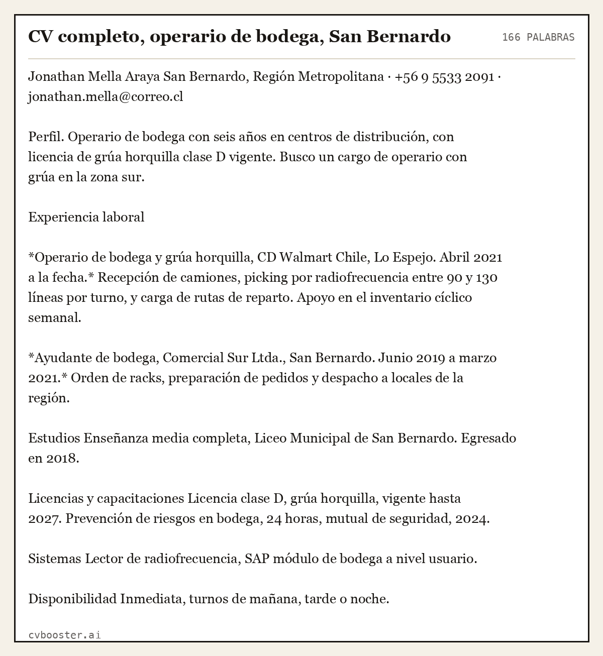 Ejemplo completo: CV completo, operario de bodega, San Bernardo, 166 palabras