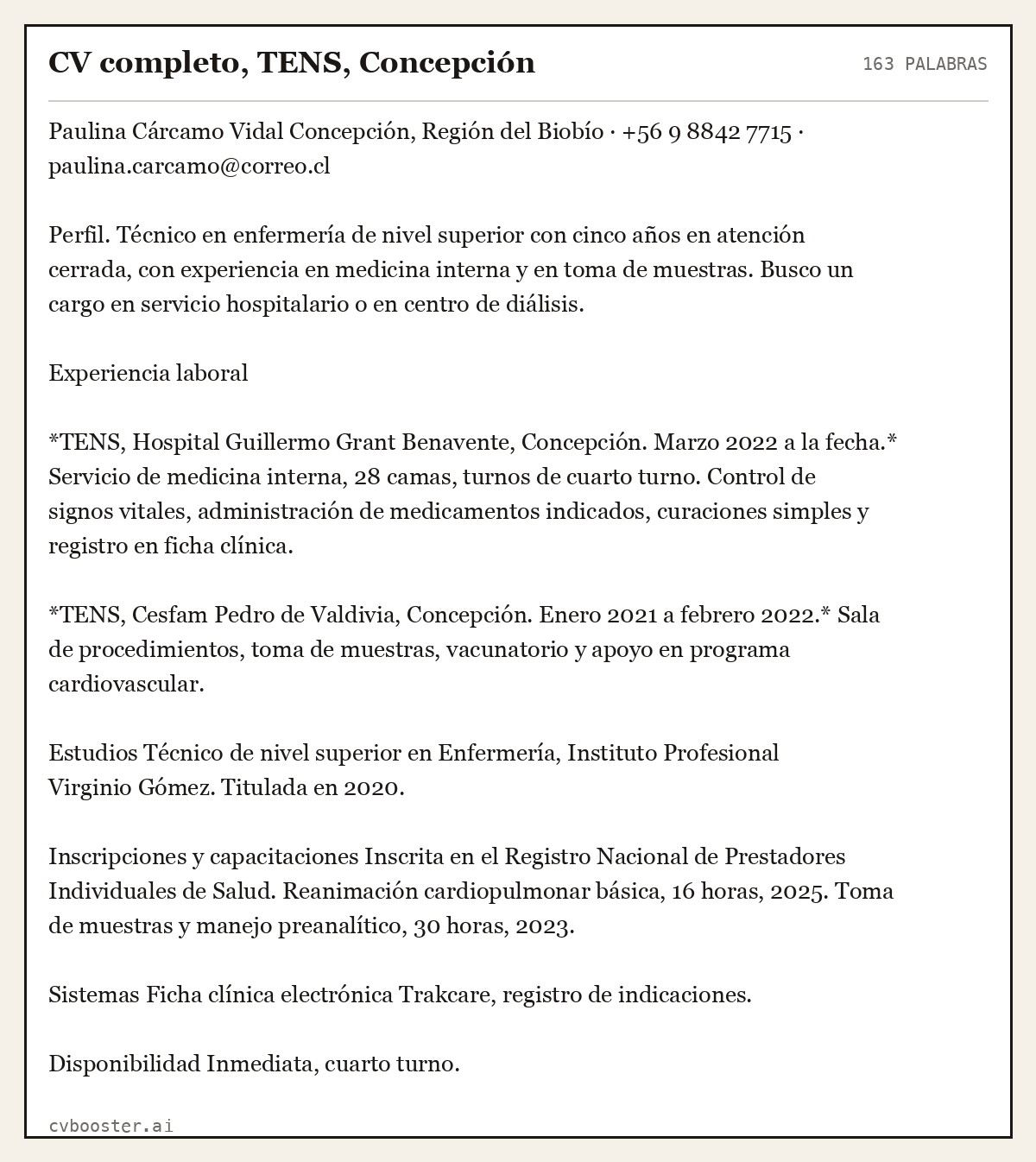 Ejemplo completo: CV completo, TENS, Concepción, 163 palabras