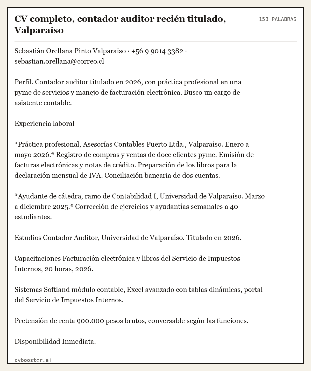 Ejemplo completo: CV completo, contador auditor recién titulado, Valparaíso, 153 palabras