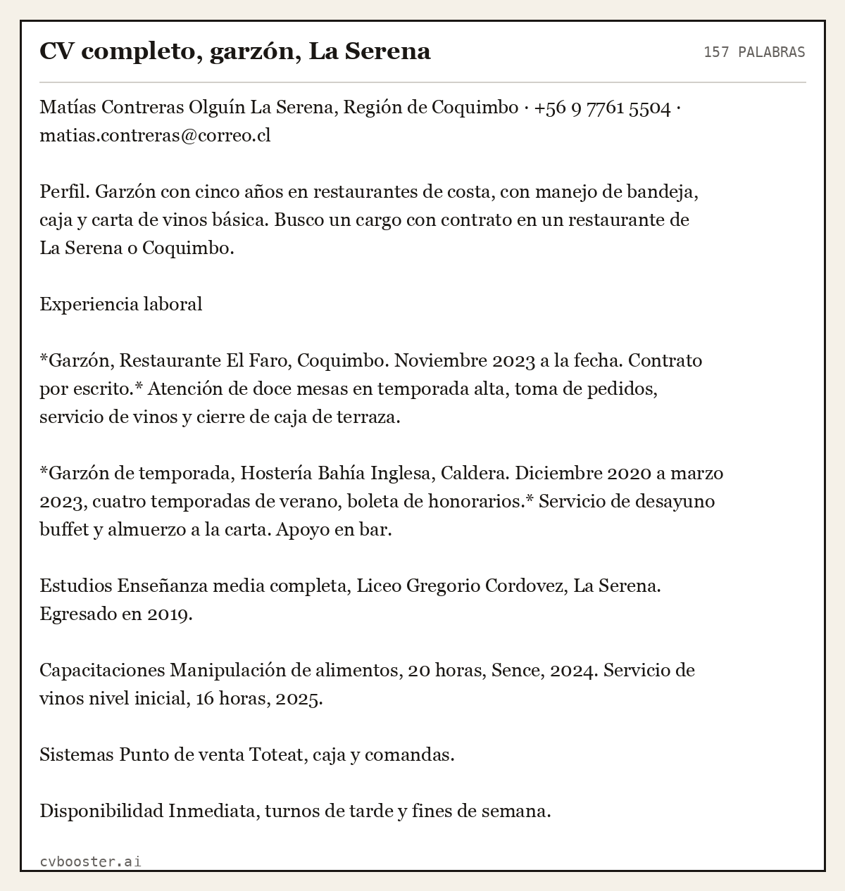 Ejemplo completo: CV completo, garzón, La Serena, 157 palabras