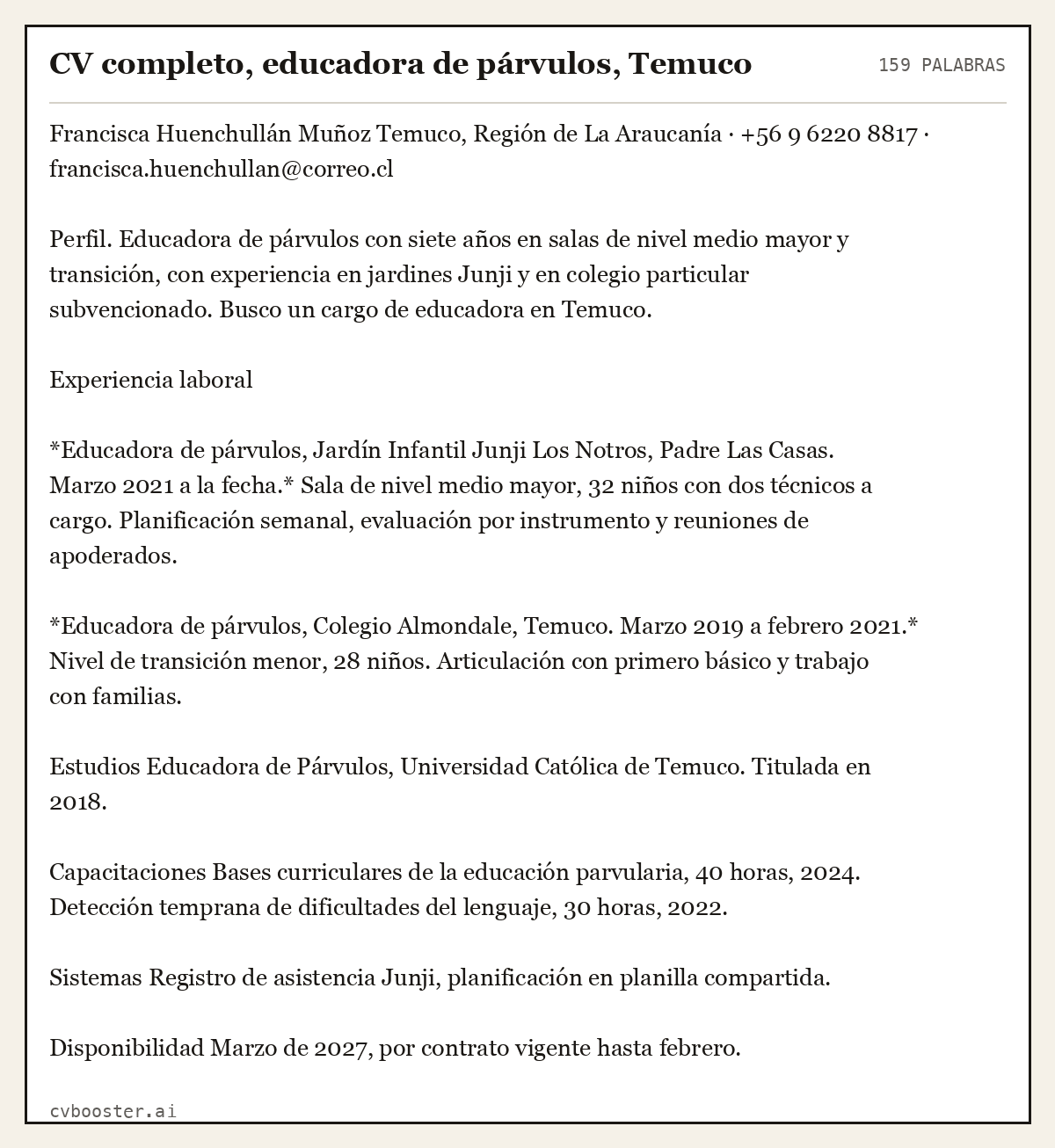 Ejemplo completo: CV completo, educadora de párvulos, Temuco, 159 palabras