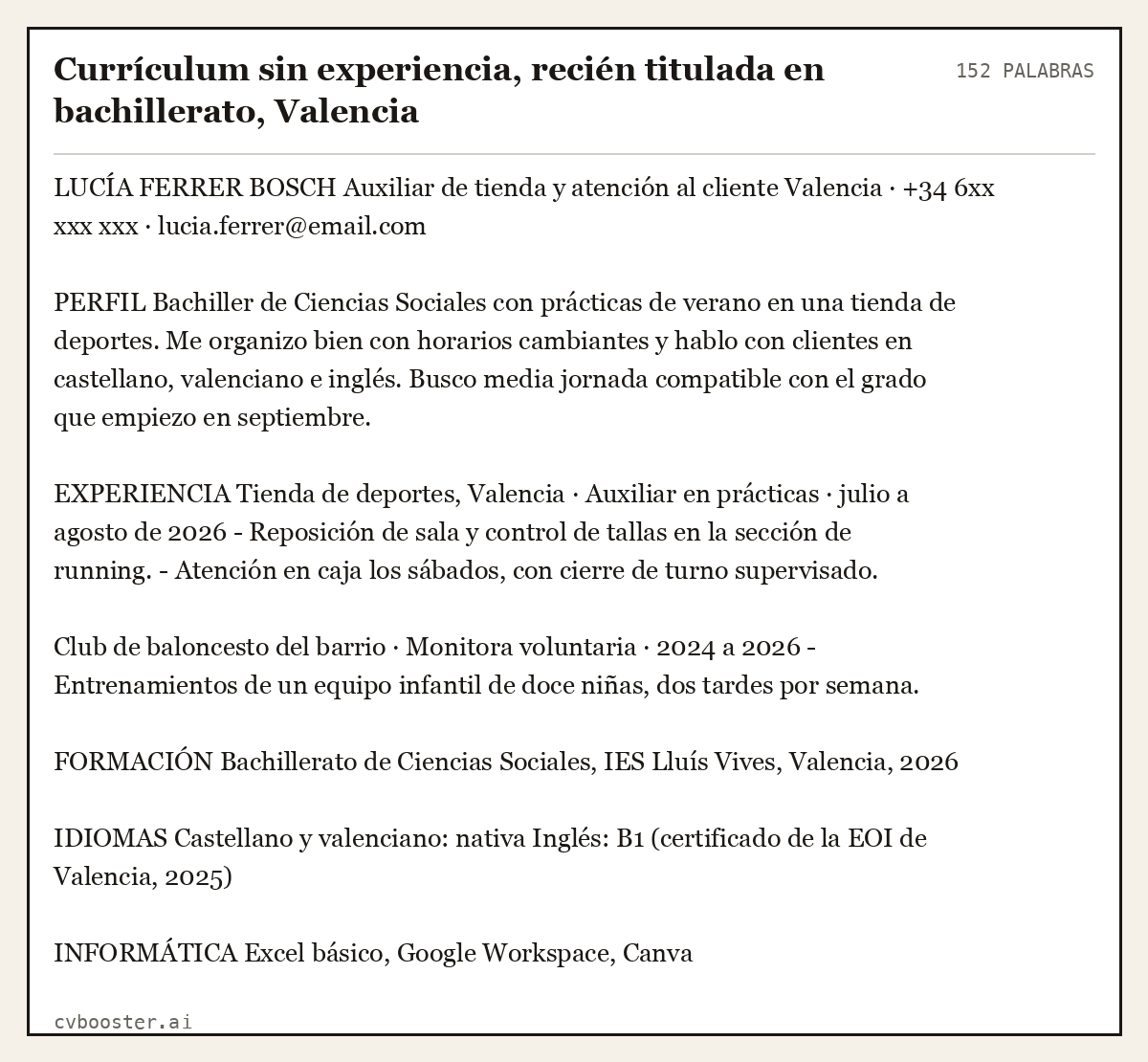 Ejemplo completo: Currículum sin experiencia, recién titulada en bachillerato, Valencia, 152 palabras