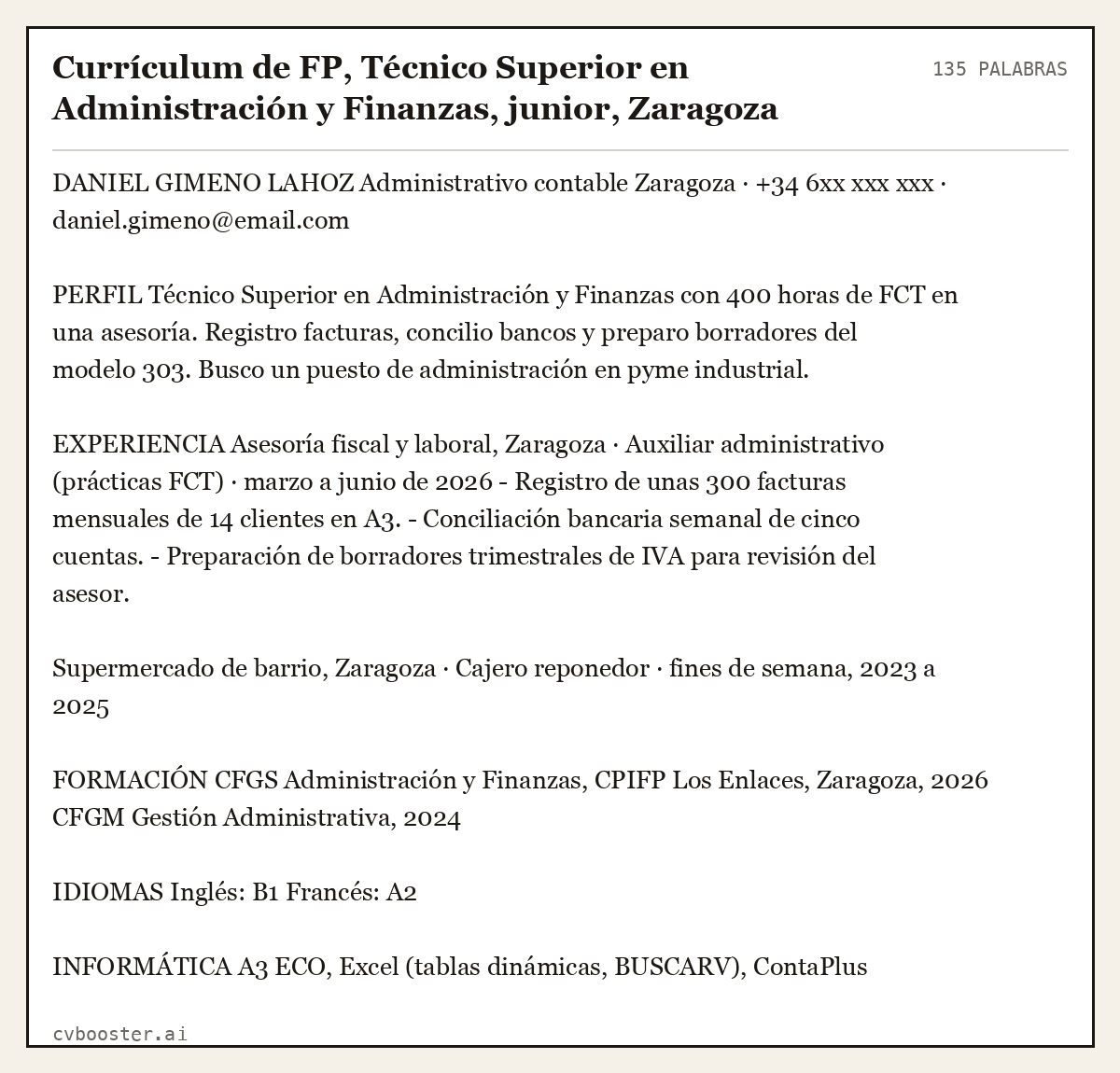 Ejemplo completo: Currículum de FP, Técnico Superior en Administración y Finanzas, junior, Zaragoza, 135 palabras