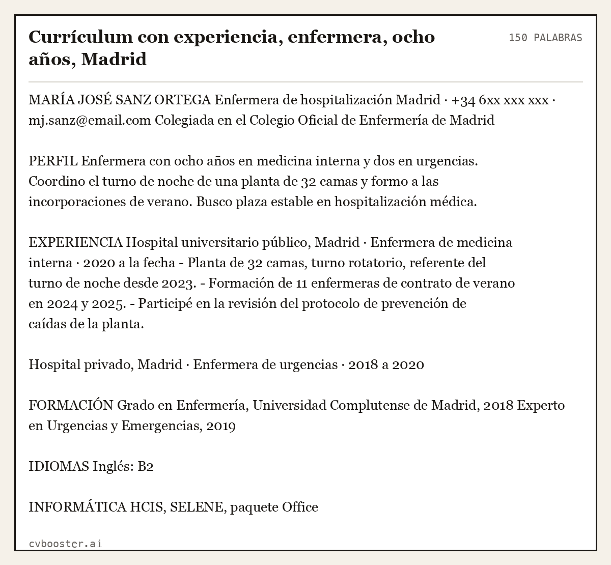 Ejemplo completo: Currículum con experiencia, enfermera, ocho años, Madrid, 150 palabras
