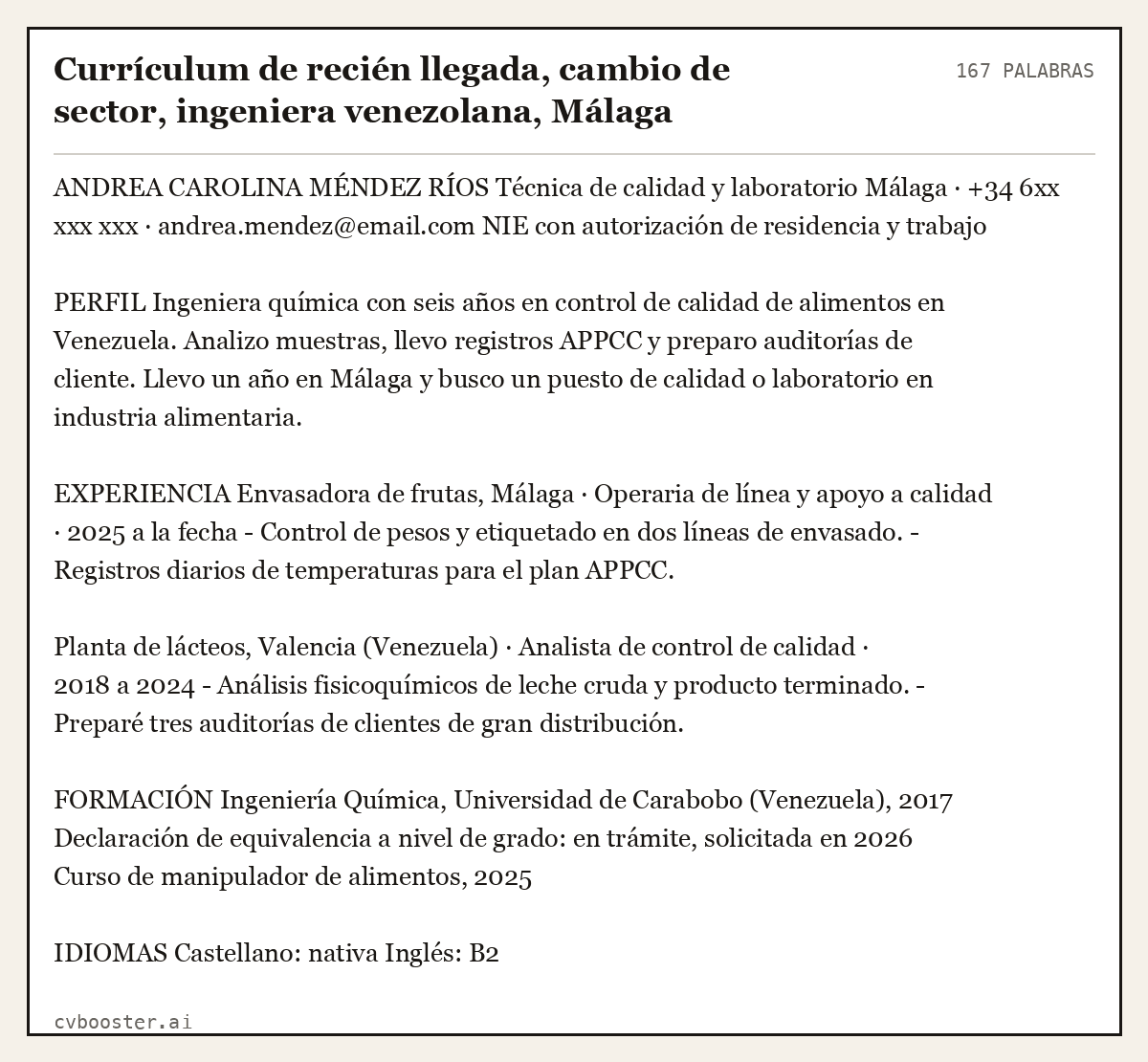 Ejemplo completo: Currículum de recién llegada, cambio de sector, ingeniera venezolana, Málaga, 167 palabras