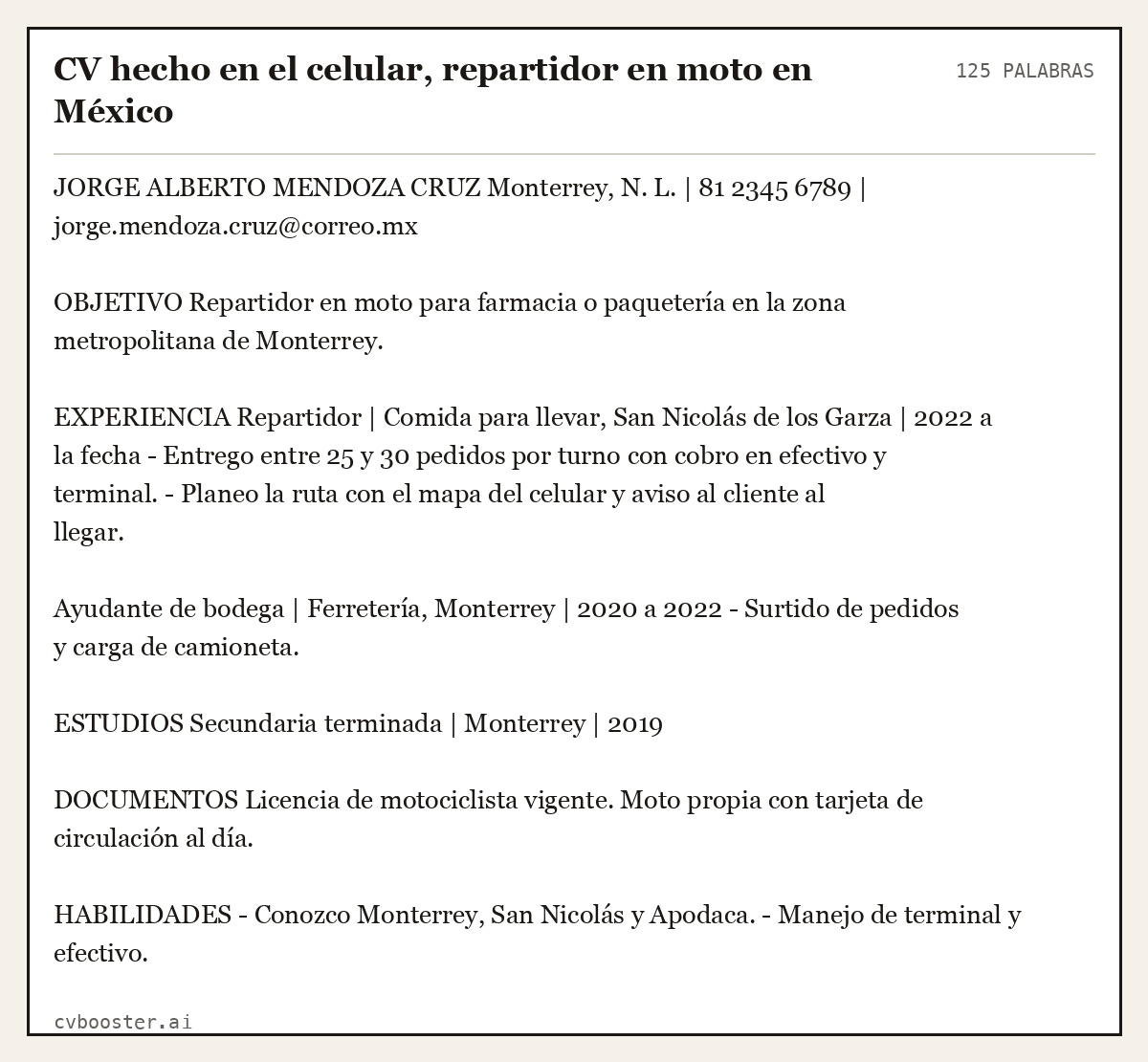 Ejemplo completo: CV hecho en el celular, repartidor en moto en México, 125 palabras