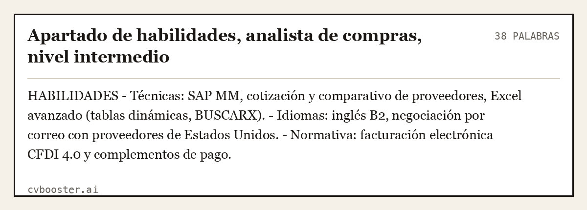 Ejemplo completo: Apartado de habilidades, analista de compras, nivel intermedio, 38 palabras