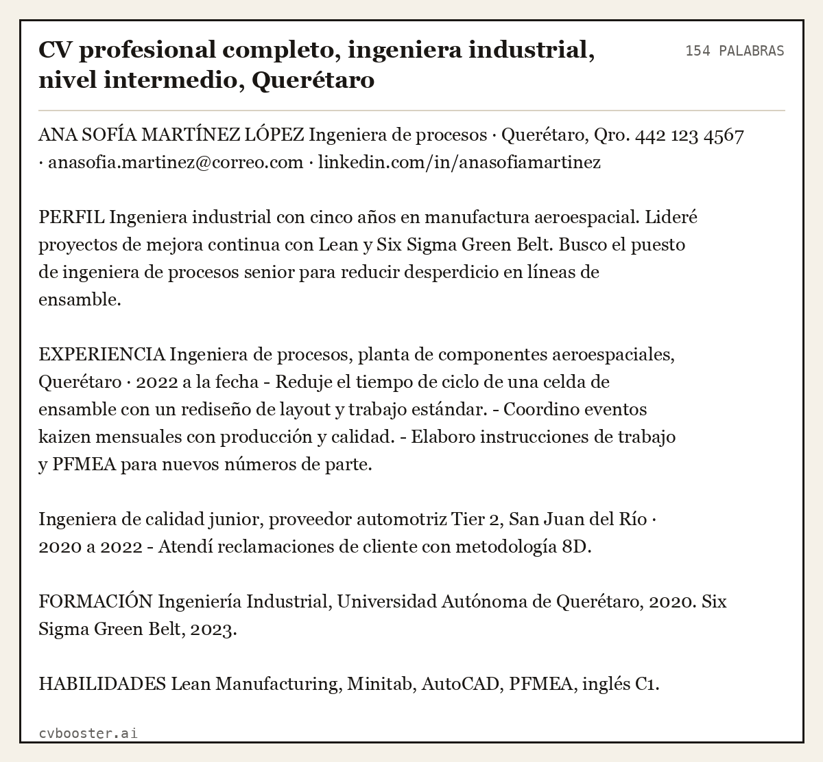 Ejemplo completo: CV profesional completo, ingeniera industrial, nivel intermedio, Querétaro, 154 palabras