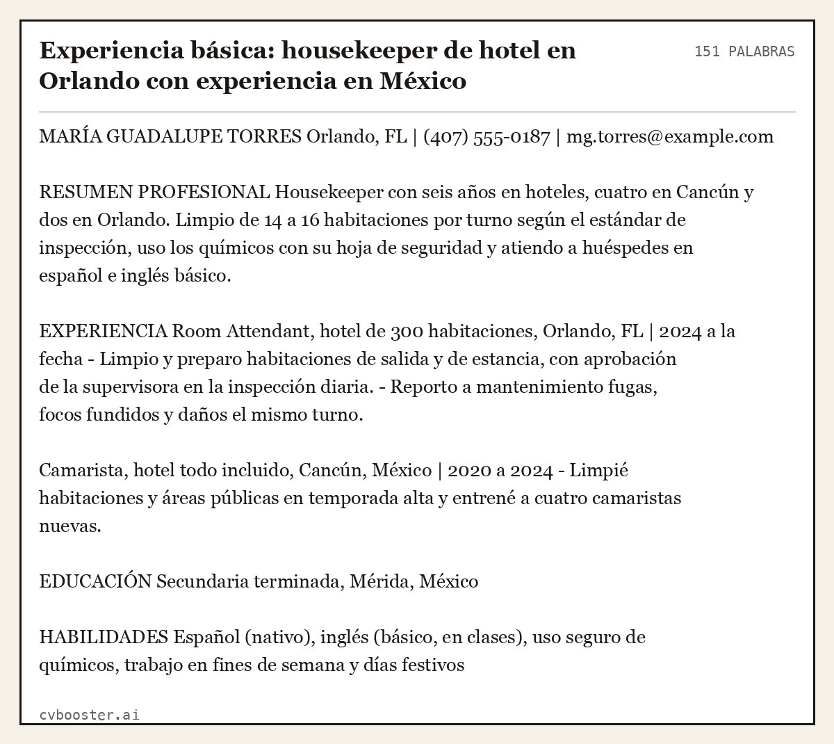 Ejemplo completo: Experiencia básica: housekeeper de hotel en Orlando con experiencia en México, 151 palabras