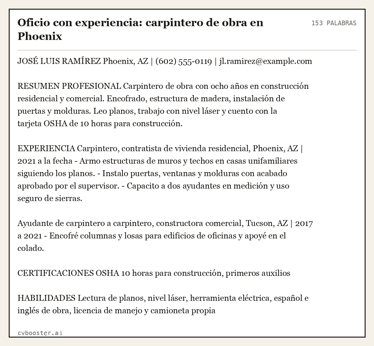 Ejemplo completo: Oficio con experiencia: carpintero de obra en Phoenix, 153 palabras