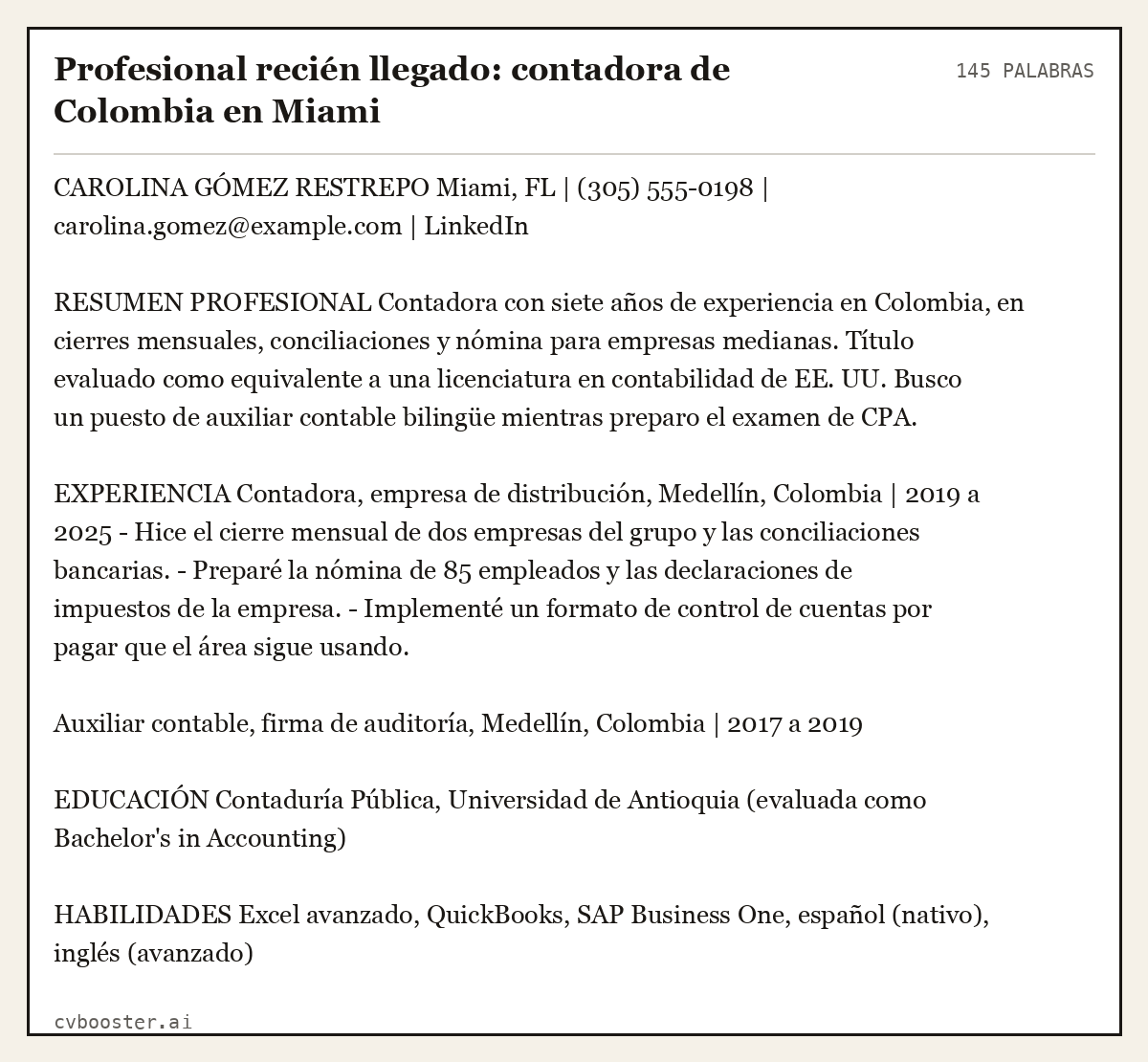 Ejemplo completo: Profesional recién llegado: contadora de Colombia en Miami, 145 palabras