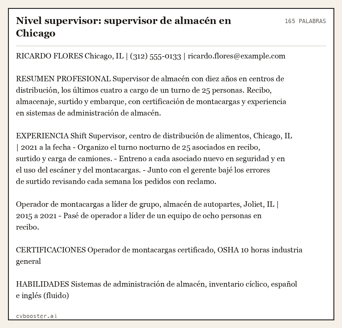 Ejemplo completo: Nivel supervisor: supervisor de almacén en Chicago, 165 palabras