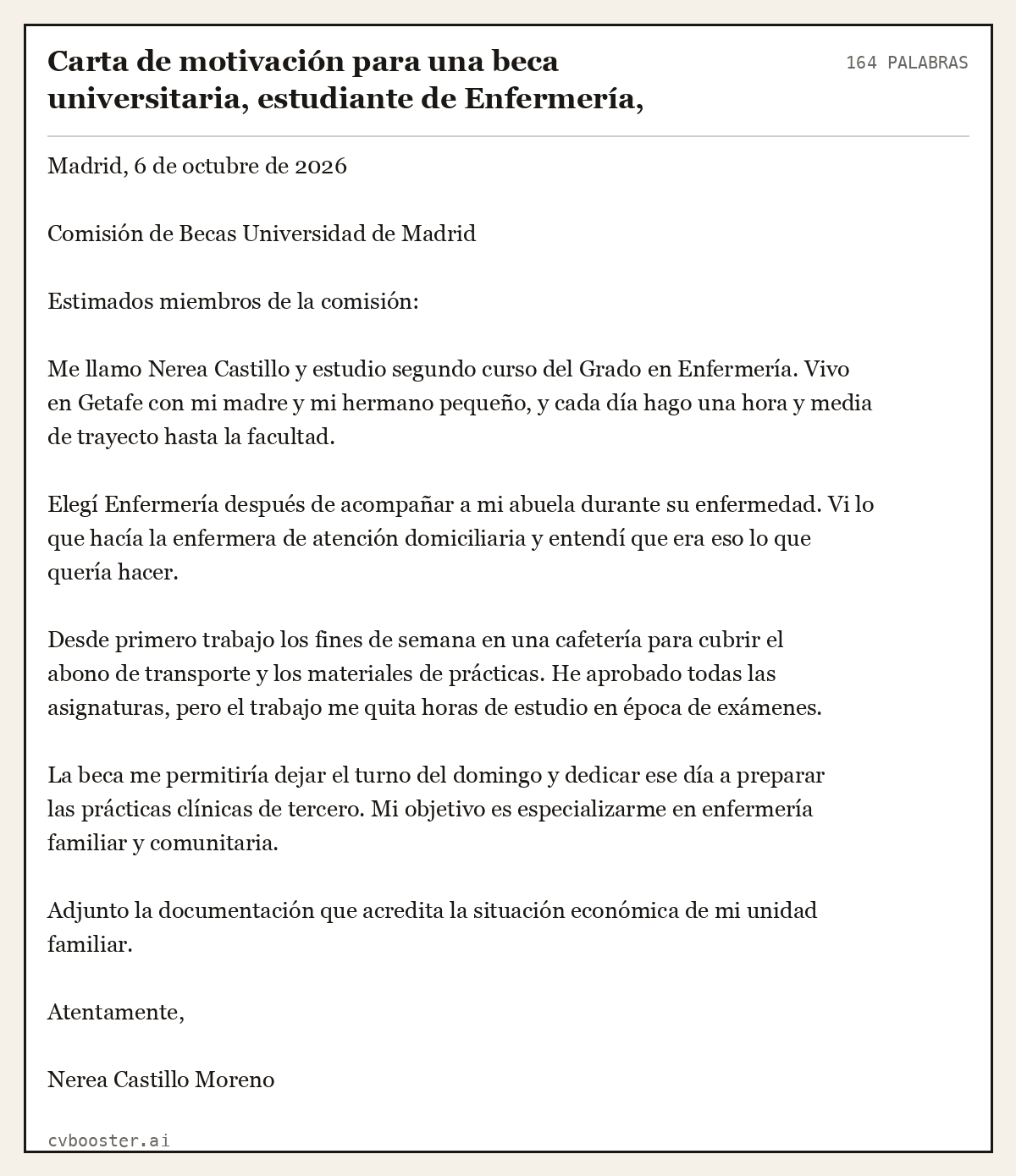 Ejemplo completo: Carta de motivación para una beca universitaria, estudiante de Enfermería, Madrid, 164 palabras