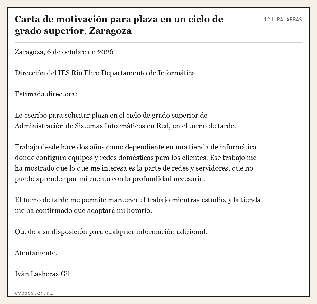 Ejemplo completo: Carta de motivación para plaza en un ciclo de grado superior, Zaragoza, 121 palabras