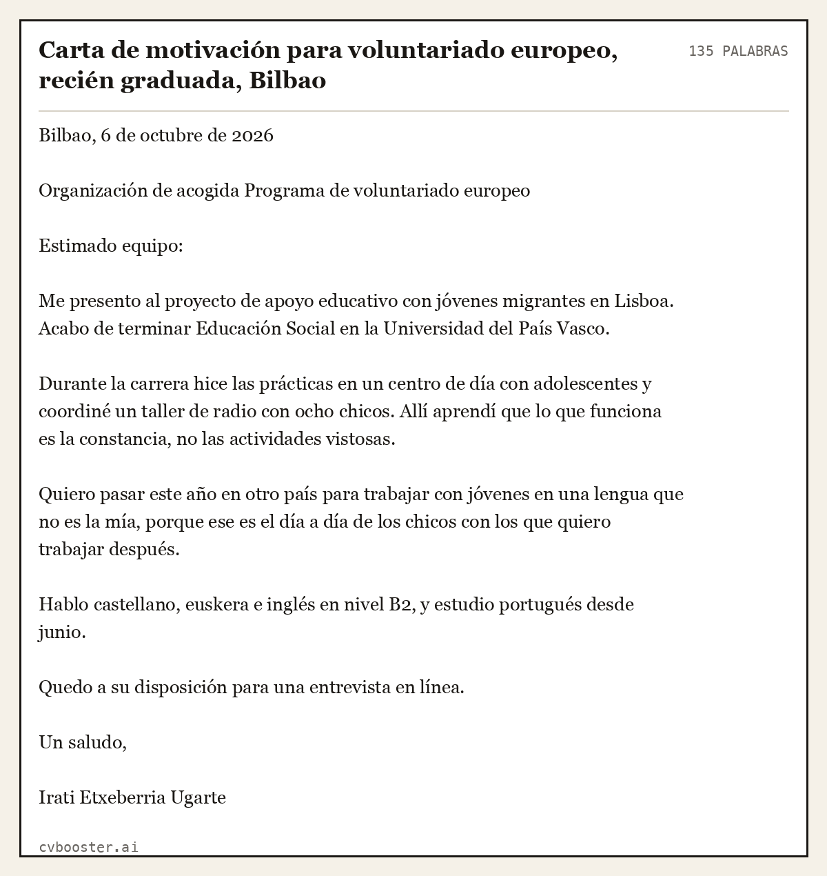 Ejemplo completo: Carta de motivación para voluntariado europeo, recién graduada, Bilbao, 135 palabras