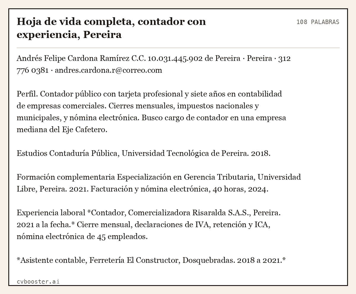 Ejemplo completo: Hoja de vida completa, contador con experiencia, Pereira, 108 palabras