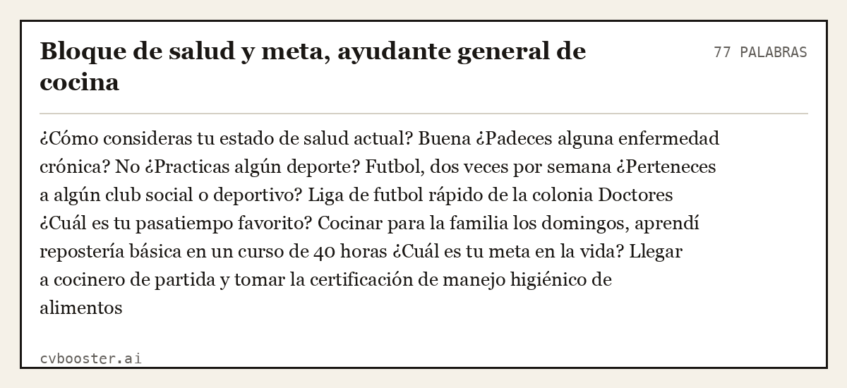 Ejemplo completo: Bloque de salud y meta, ayudante general de cocina, 77 palabras