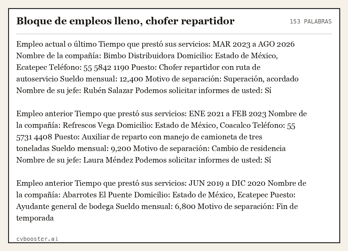 Ejemplo completo: Bloque de empleos lleno, chofer repartidor, 153 palabras