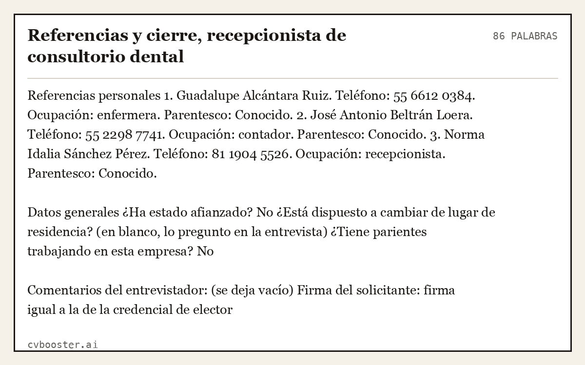 Ejemplo completo: Referencias y cierre, recepcionista de consultorio dental, 86 palabras