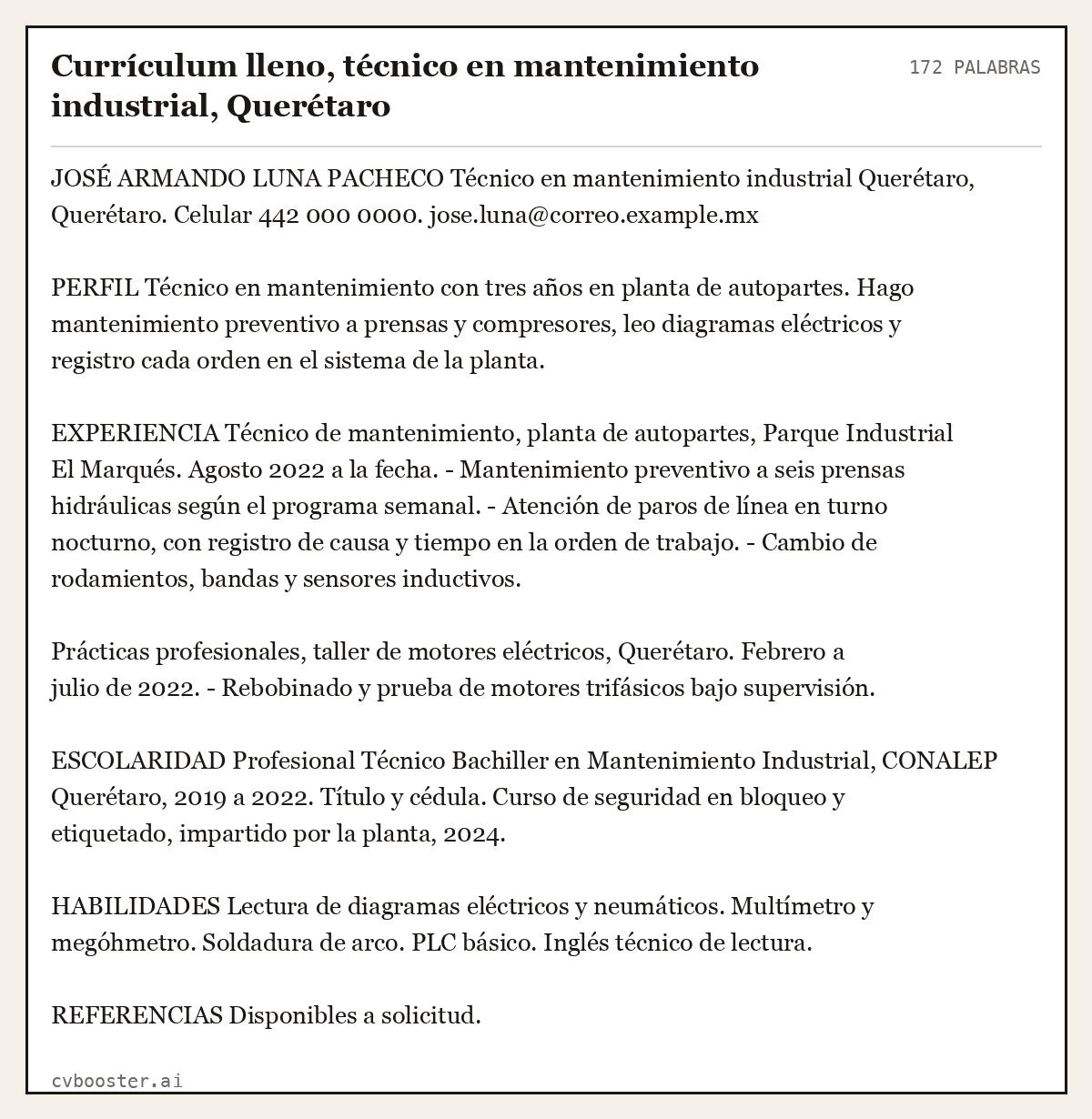 Ejemplo completo: Currículum lleno, técnico en mantenimiento industrial, Querétaro, 172 palabras