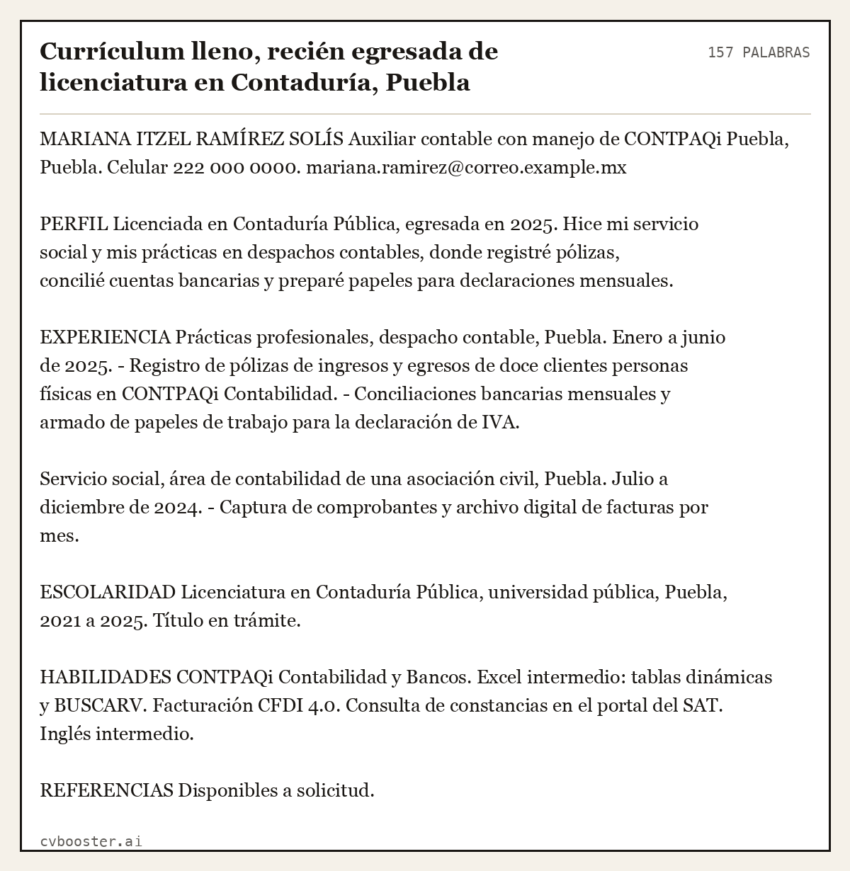 Ejemplo completo: Currículum lleno, recién egresada de licenciatura en Contaduría, Puebla, 157 palabras